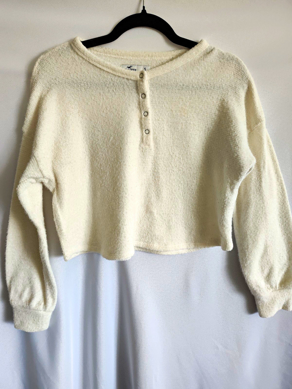 Hollister Ivory Solid Waffle Knit Henley Balloon Sleeve Cropped Sweater S